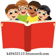 multikulturell, kinder, kindern, lesende, großes buch, freigestellt