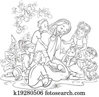 noir blanc, jésus, à, enfants