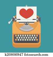 Vintage typewriter and red heart on paper sheet