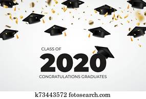 Class of 2020. Congratulations Graduates. Graduation caps flying. Confetti. Class of 2020. Congratulations Graduates. Graduation caps flying. Confetti.
