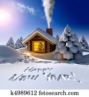A small cottage in the fairy forest in snowy New Year's Eve. Around the hut on the snow trails and an inscription - a Happy New Year! A small cottage in the fairy forest in snowy New Year's Eve. Around the hut on the snow trails and an inscription - a Happy New Year!