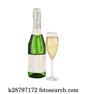 Champagne bottle and champagne glass. watercolor painting on white background Champagne bottle and champagne glass. watercolor painting on white background