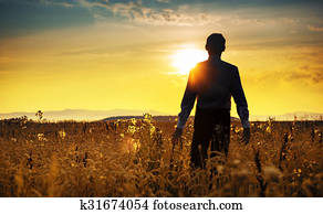 pacata, homem negócios, andar, a, amanhecer