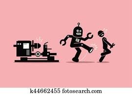 רובוט, מכונאי, בועט, הלאה, a, בן אנוש, עובד של טכנאי, מ, לעשות, שלו, עבודה, ב, factory.