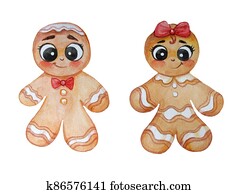 חג המולד, characters., חמוד, קשר, gingery, של, גברים של גינגארבראיד, -, בחור, ו, girl., watercolor., הפרד, בלבן, רקע., העבר, ציור