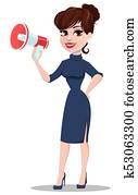 joven, caricatura, businesswoman., hermoso, dama, tenencia, megaphone.
