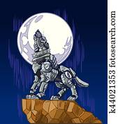 roboter, wolf, heulen, an, mond, vektor, abbildung roboter, wolf, heulen, an, mond, vektor, abbildung