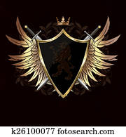 Ancient shield with heraldic lion, gold wings and swords. Ancient shield with heraldic lion, gold wings and swords.