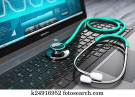 laptop, com, médico, diagnóstico, software, e, estetoscópio