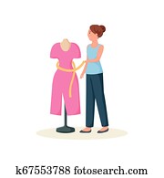 modeschneiderin, stehen, bei, schaufensterpuppen, in, rotes kleid, bindend, gelb, gürtel