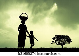 negerin, kind, an, sonnenuntergang