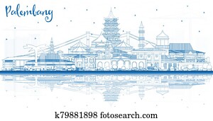 Outline Palembang Indonesia City Skyline with Blue Buildings and Reflections. Outline Palembang Indonesia City Skyline with Blue Buildings and Reflections.