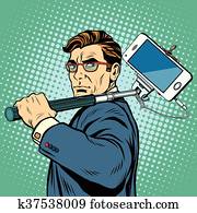 Selfie, mann, blogger, smartphone Selfie, mann, blogger, smartphone