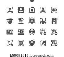 Biometrics. Fingerprint, voice identification. Person scanning. Biometric passport and documents. Human data protection. Face scan. Vector Solid Icons. Simple Pictogram