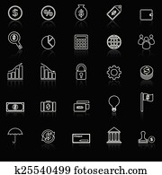 Finance line icons with reflect on black background