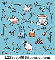 Garden Tea Party with Birds Twigs and Berries Garden Tea Party with Birds Twigs and Berries