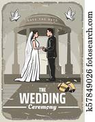 invitación boda, retro, tarjeta, con, novia y novio