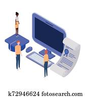 menschengruppe, mit, laptop, und, blätter papier