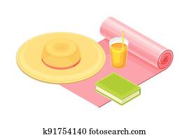 רחב, מאוגן, כובע של קש, נוח, ב, החף מגבת, עם, לרענן, שתה, ו, הזמן, כפי, החף חופש, איזומטרי, וקטור, תרכובת