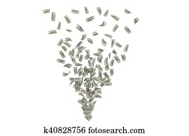 Rendering whirlwind of dollar bills forming triangle, isolated on white background