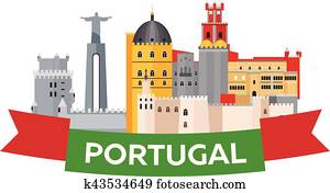 viagem, para, portugal, skyline., vetorial, apartamento, illustration.