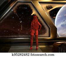 Illustration of a woman standing with her hand on her hip looking out a window from a spaceship.