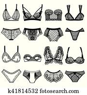 אוסף, של, lingerie., פאנטי, ו, חזייה, set.