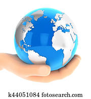 3d, hand holding, blau, erde