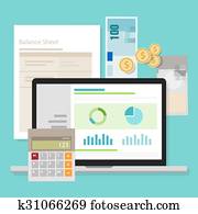 comptabilité, logiciel, bilan, argent, calculatrice, application, ordinateur portable