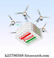 Drone carrying pizza in sky Drone carrying pizza in sky