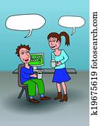 een, spotprent, in, een, bureau