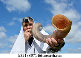 judeu, homem, sopro, shofar