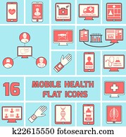 Mobile health icons set flat line