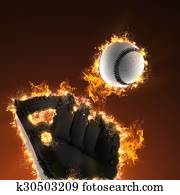 Baseball and mitt in fire