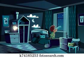 night room, boy watching by spyglass night room, boy watching by spyglass