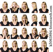 Twenty portrait of a woman with differnet expressions