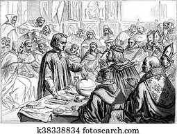 1843 Exhibition of Painting, Christopher Columbus before the Salamanca Board, vintage engraving.