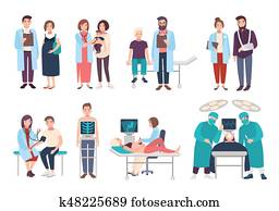 Set of doctors and patients in polyclinic, hospital. Visit to therapist, pediatrician, gynecologist, surgeon. medical services ultrasound diagnostics, x-ray, surgery. Vector cartoon illustrations. Set of doctors and patients in polyclinic, hospital. Visit to therapist, pediatrician, gynecologist, surgeon. medical services ultrasound diagnostics, x-ray, surgery. Vector cartoon illustrations.