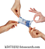 Several hands stretch of banknotes