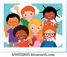 Stock Vector Cartoon Illustration. Photo group of happy children of different nationalities in the summer camp Stock Vector Cartoon Illustration. Photo group of happy children of different nationalities in the summer camp