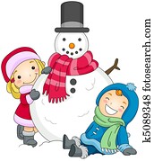 crianças, posar, ao lado, um, boneco neve