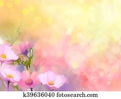 Oil painting nature grass flowers. Hand paint close up pink cosmos flower Oil painting nature grass flowers. Hand paint close up pink cosmos flower