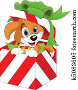 Puppy in a Christmas gift box Puppy in a Christmas gift box