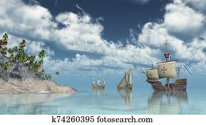 Santa Maria, Nina and Pinta of Christopher Columbus in front of an island