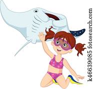 Cartoon little girl diving with stingray Cartoon little girl diving with stingray
