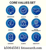 Core Values - Mission, integrity value icon set with vision, honesty, passion, and collaboration as the goal or focus Core Values - Mission, integrity value icon set with vision, honesty, passion, and collaboration as the goal or focus