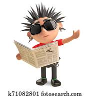 Current affairs minded punk rocker reading a newspaper, 3d illustration Current affairs minded punk rocker reading a newspaper, 3d illustration