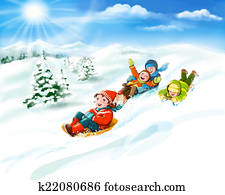 Kids with sledges, snow, winter fun Kids with sledges, snow, winter fun