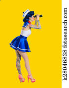 menina, com, binóculos, estilo retro