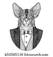 Oriental cat with big ears Hand drawn illustration for tattoo, e Oriental cat with big ears Hand drawn illustration for tattoo, e